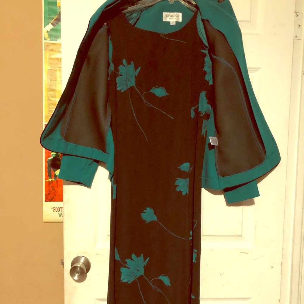 Long Dress with teal green button-up dress jacket